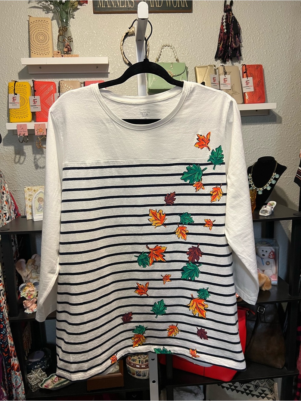 Kim Rogers White & Navy Striped Long-Sleeve Top with Printed Autumn Leaves